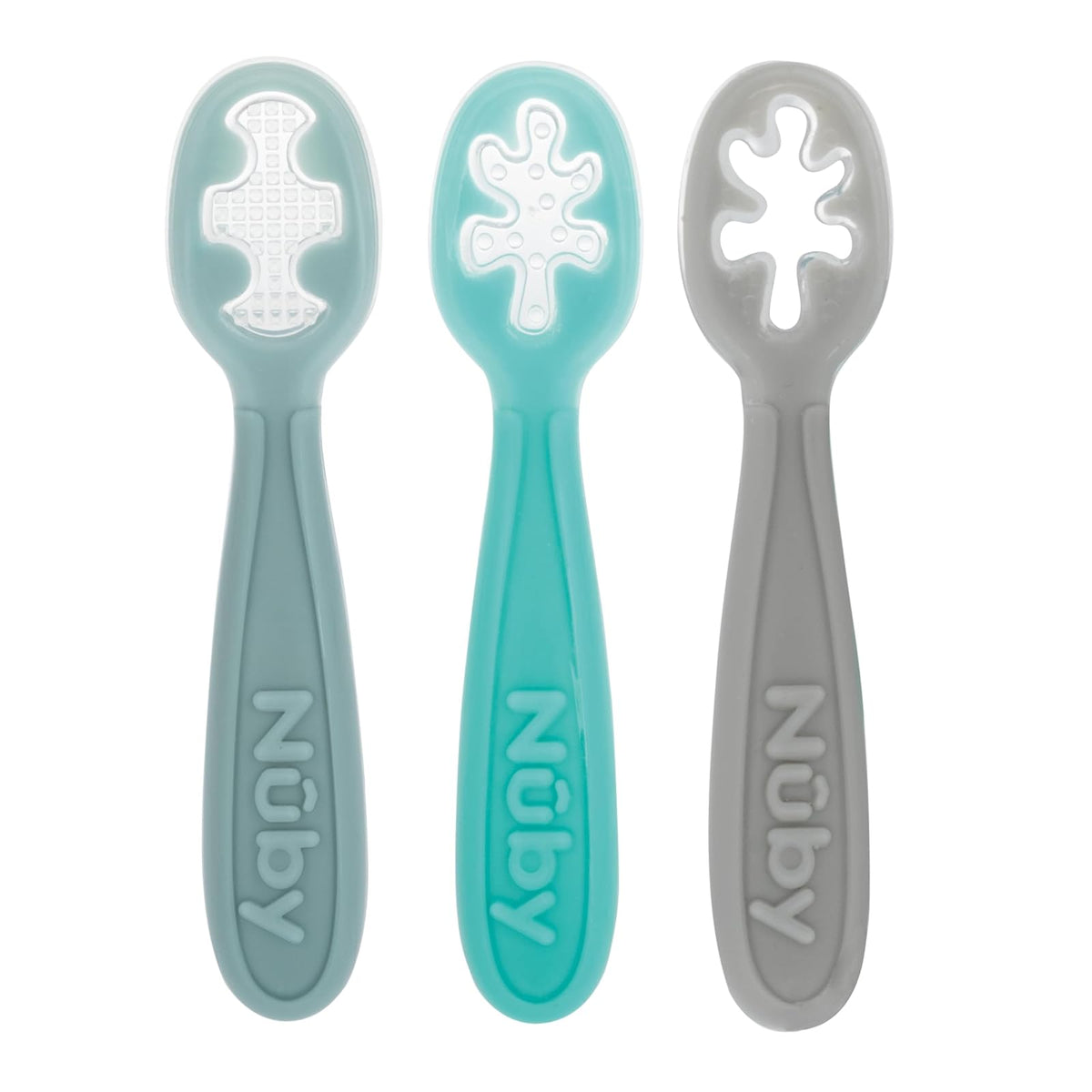 Nuby Set de 3 Cucharas para Bebé, Silicona, 6+ Meses - Aqua - Blue - Gray