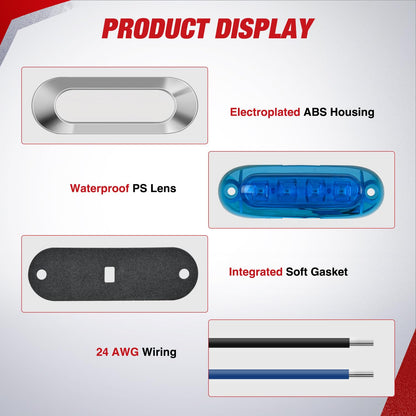 Nilight - 10 luces laterales ovaladas azules, 4 luces LED de 3.7 pulgadas, IP68, impermeable, CC 12-24 V, con bisel chapado en cromo, universal, para coche, camión, autobús, remolque, barcos