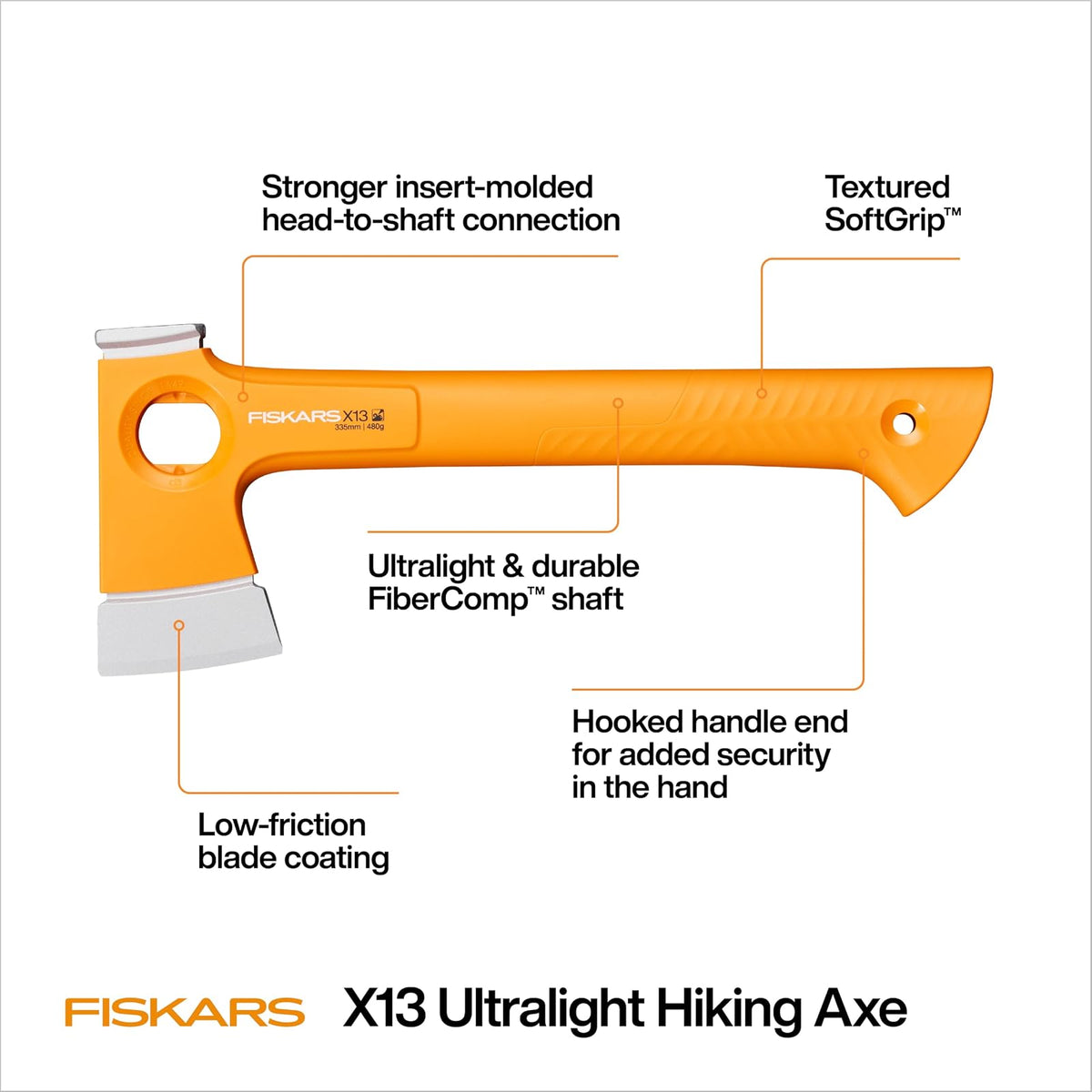 Fiskars X13 - Hacha de Senderismo Ultraligera, 33 cm, Hacha de Camping | Ultra afilado para cortar Kindling y Bushcraft, naranja de alta visibilidad, extremo llamativo para estacas de tienda de