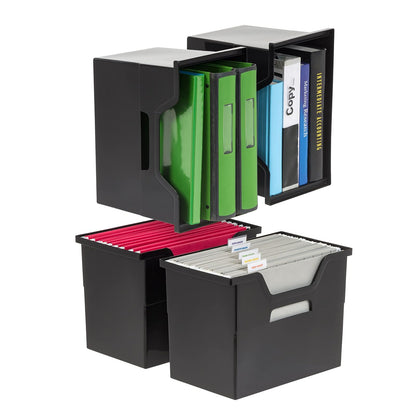 IRIS USA Paquete de 4 Cajas para Archivos de Escritorio, Negro | Organiza documentos, correo, revistas y artículos de oficina con almacenamiento portátil para hogar o escuela