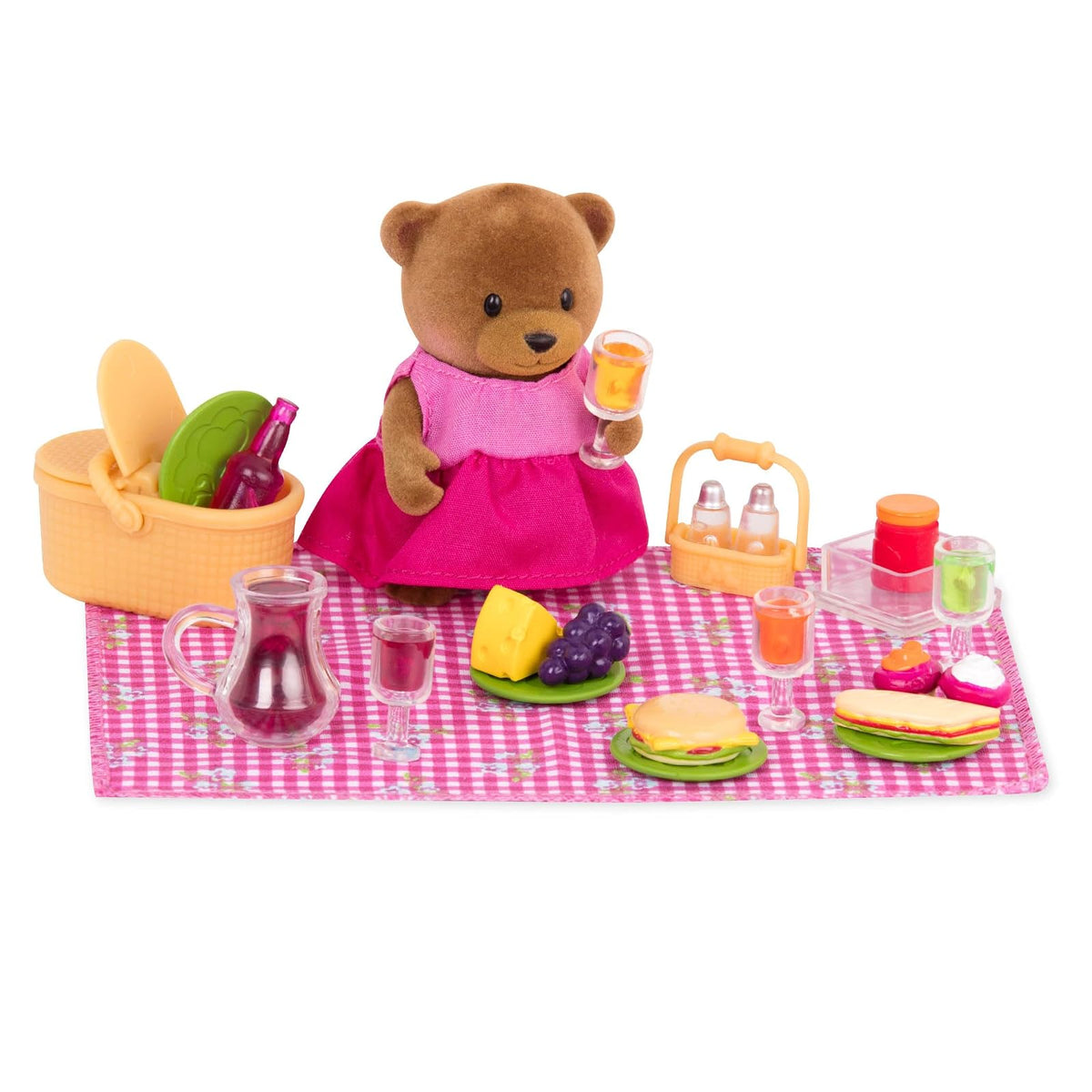 Li’l Woodzeez, Set de Picnic con osita y Cesta de Picnic, Picnic Playset | Set de 29 con osita, vestido, cesta, manta, platos, vasos, jarra y comida de juguete, Picnic Playset, 3 años y +