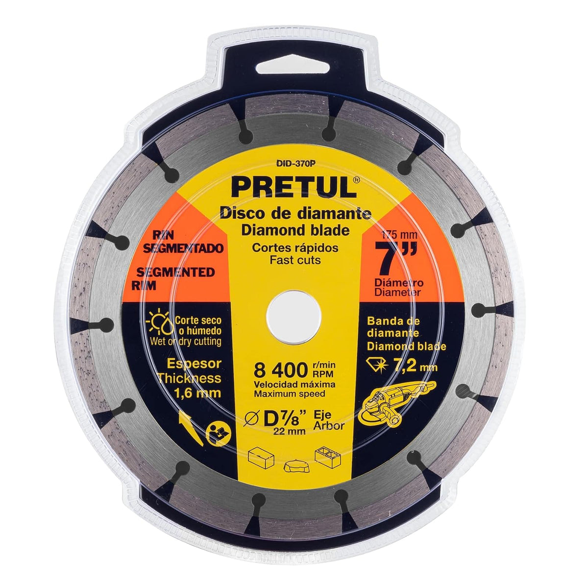Pretul DID-370P, Disco de diamante de 7" x 1.6 mm rin segmentado corte en seco y húmedo