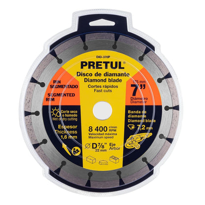 Pretul DID-370P, Disco de diamante de 7" x 1.6 mm rin segmentado corte en seco y húmedo