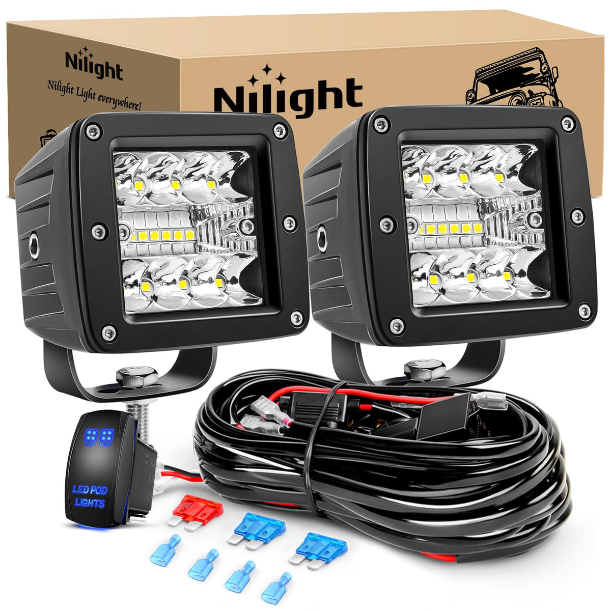 Nilight - Juego de 2 cubos LED de 3 pulgadas y 42 W mejorados, combo de inundación, luces cuadradas para conducción todoterreno, 12 V y 5 pines, kit de arnés de cableado, 2 cables, 2 años de garantía