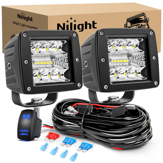 Nilight - Juego de 2 cubos LED de 3 pulgadas y 42 W mejorados, combo de inundación, luces cuadradas para conducción todoterreno, 12 V y 5 pines, kit de arnés de cableado, 2 cables, 2 años de garantía