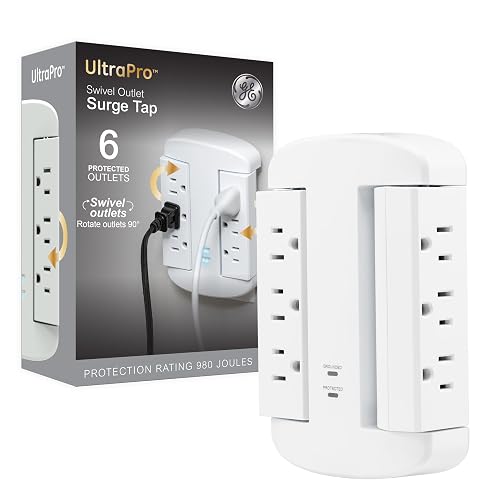 GE Extensor de 6 Enchufes, Protector contra Sobretensiones, Acceso Lateral Giratorio, Adaptador de Enchufe de Pared, 3 Clavijas, 980 Joules, Certificado ETL, Blanco, 81781