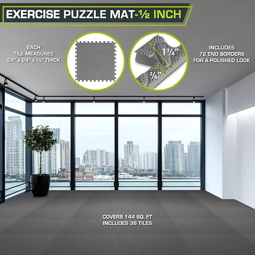ProsourceFit Exercise Puzzle Mat 1/2-inch, EVA Interlocking Foam Floor Tiles for Home Gym, Workout Equipment, Kids Play Areas, Gray, 144 SQ FT - 36 Tiles