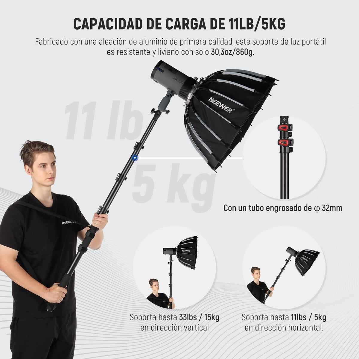 NEEWER 7.5ft/230cm Soporte Boom Pole, Portable Telescópico Alumino Soporte Luz con 1/4" 3/8" 5/8" Tornillo/Flip Bloqueo/Correa de Hombro para Strobe Flash Micrófono, MAX. Carga 11LB/5KG, MS-230C