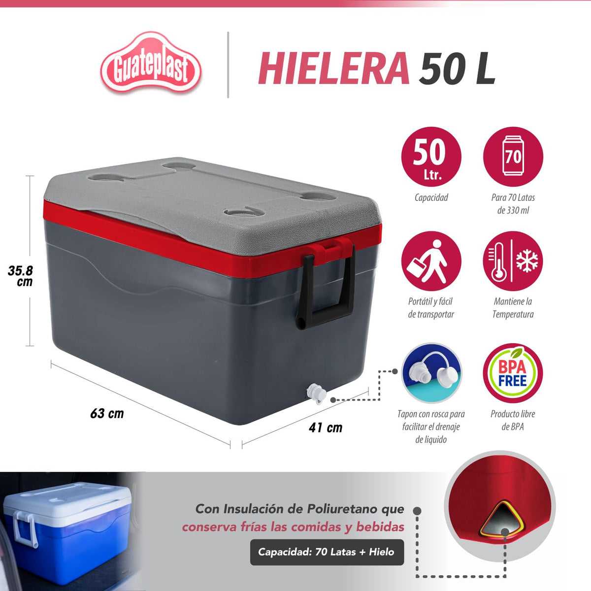 Hielera Portátil 50 L (53 QT) para 70 Latas Color Gris Lava Cooler