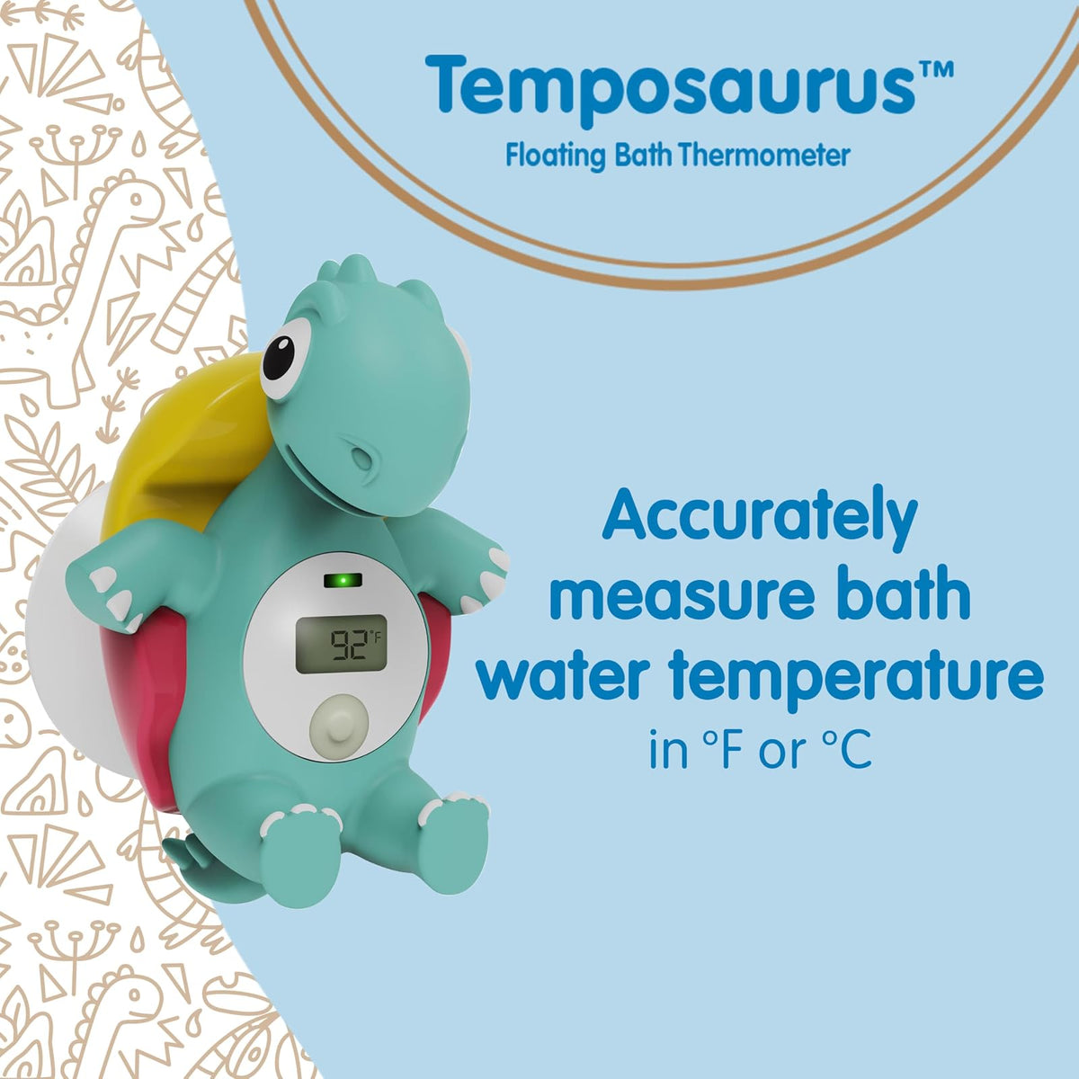 Dr. Brown's CleanUp Temposaurus - Termómetro de baño flotante para medir con precisión la temperatura del agua del baño del bebé, sin BPA
