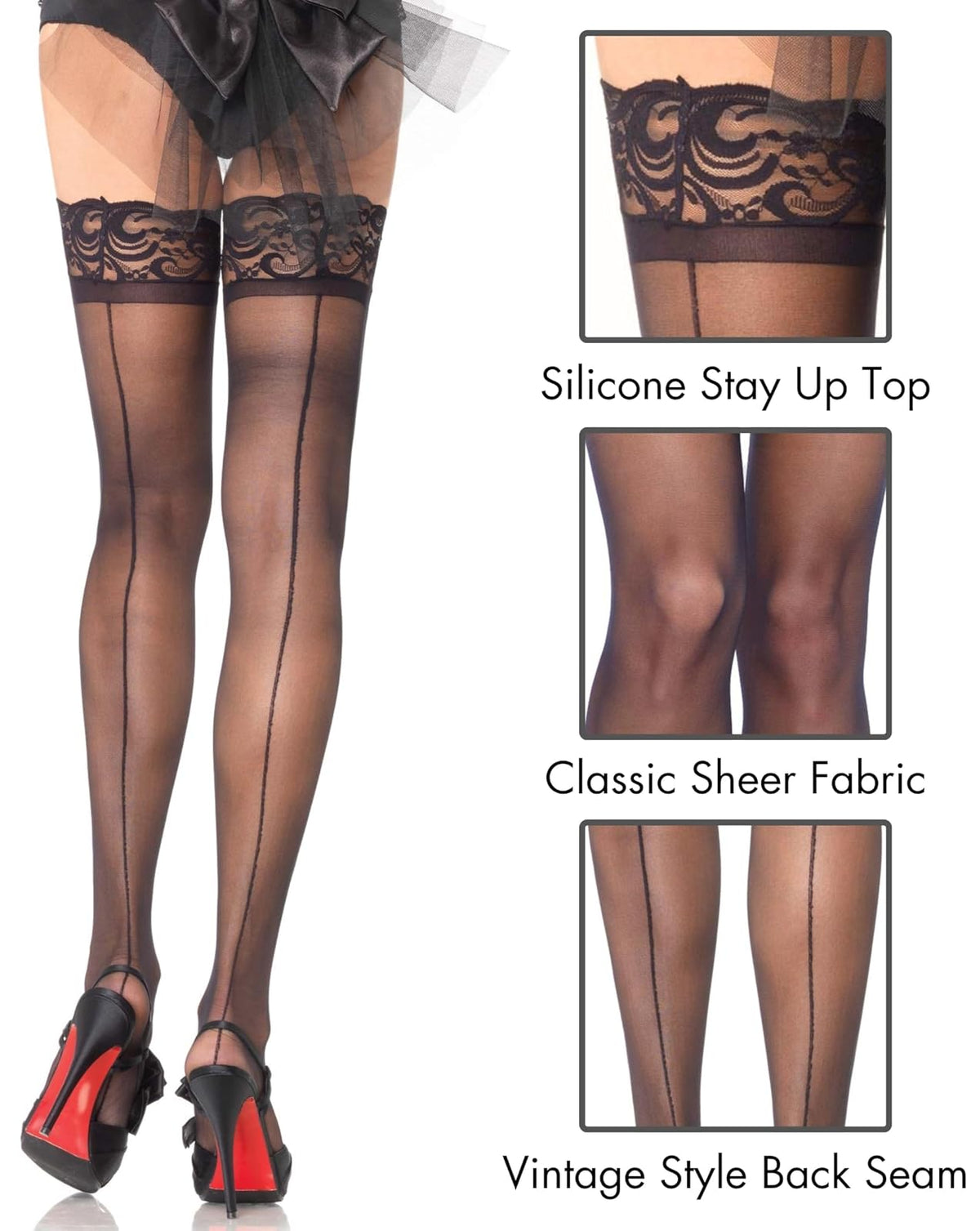 Leg Avenue Corsé de encaje superior de encaje cubano, medias de costura trasera
