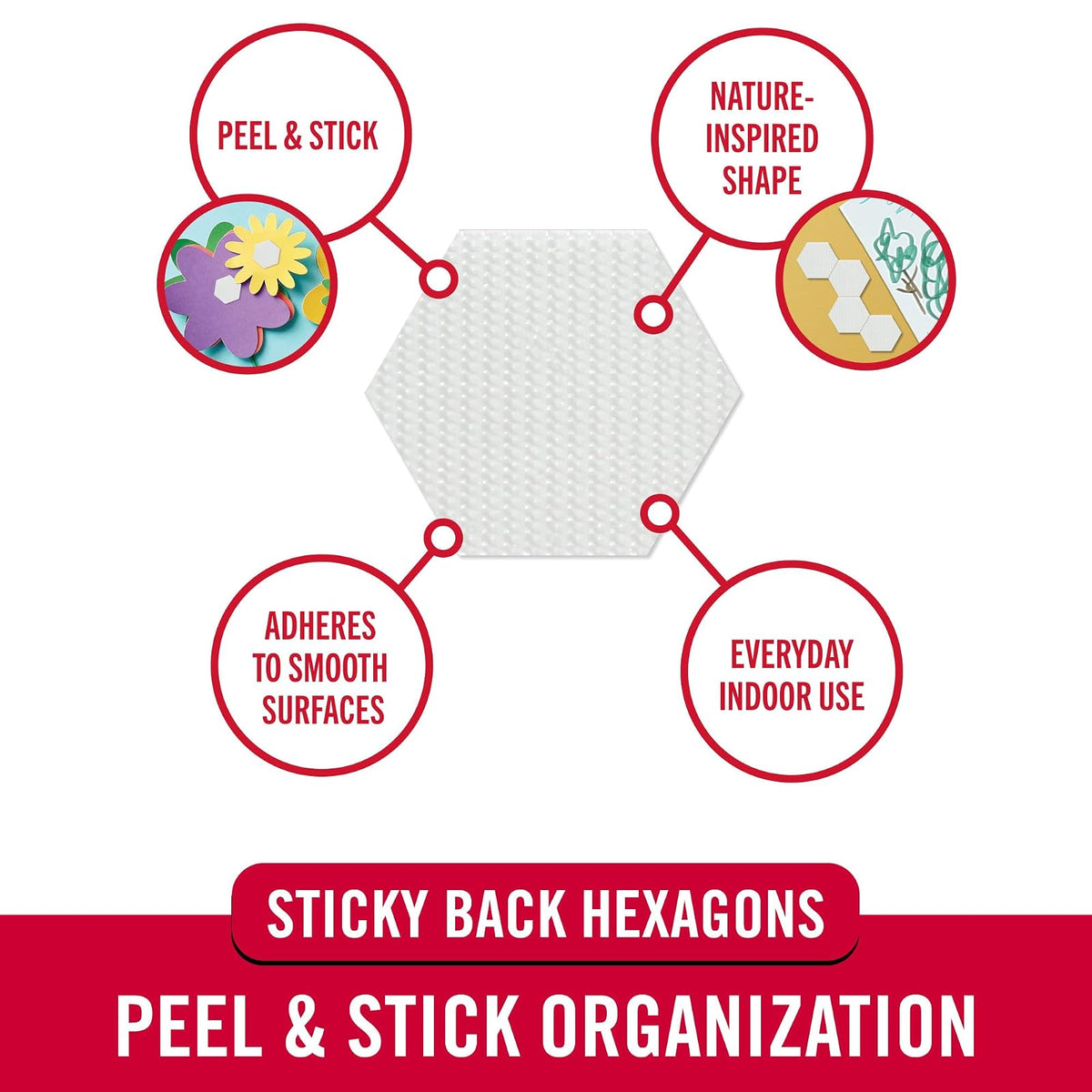 Hexágonos adhesivos de la marca VELCRO, 150 puntos con forma adhesiva inspirada en la naturaleza, blanco 3/4 pulgadas, organización de despegar y pegar para oficina, aula, hogar