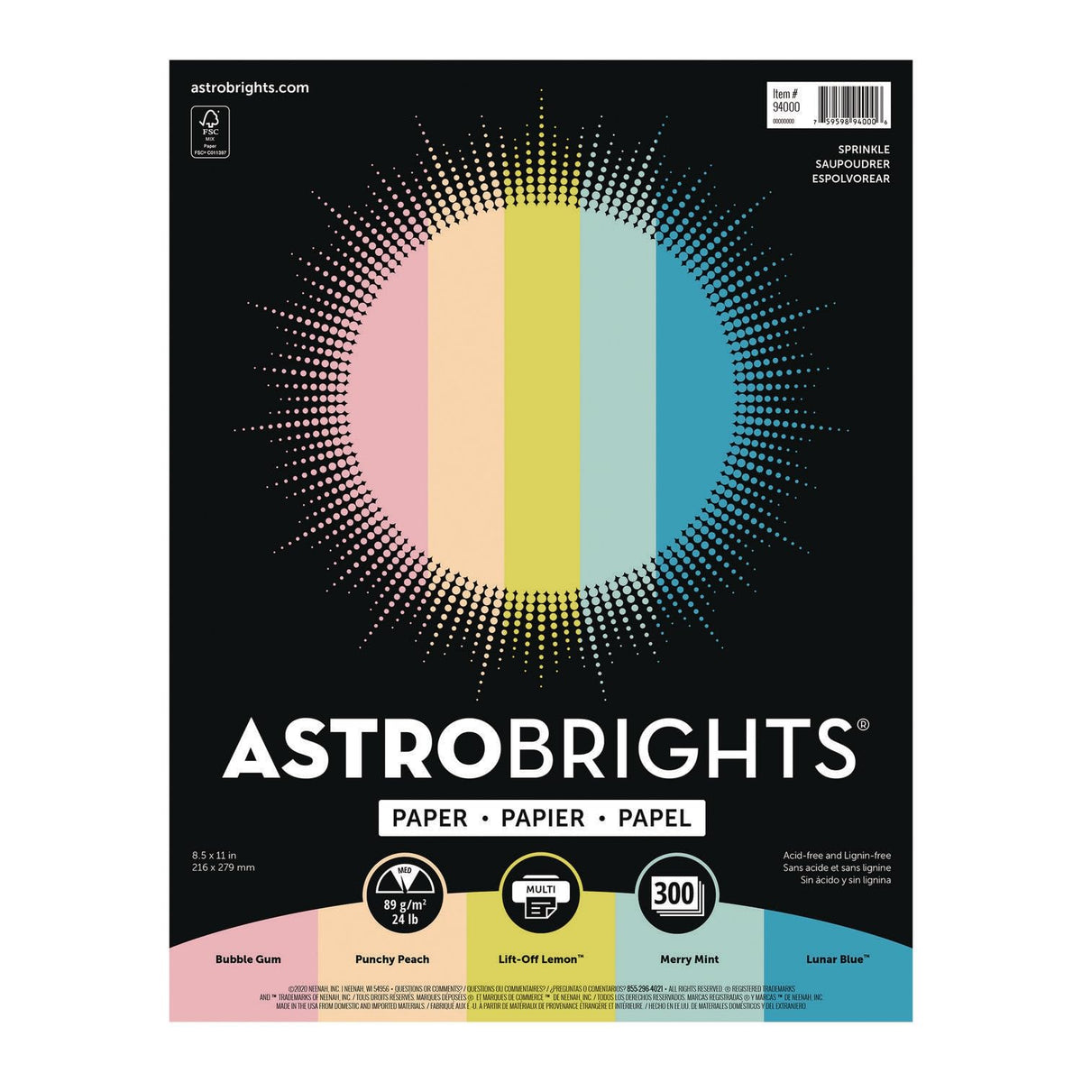 Astrobrights Papel de color, 8.5 x 11 pulgadas, 22 libras/89 g/m², surtido de 5 colores, 300 hojas (94000)