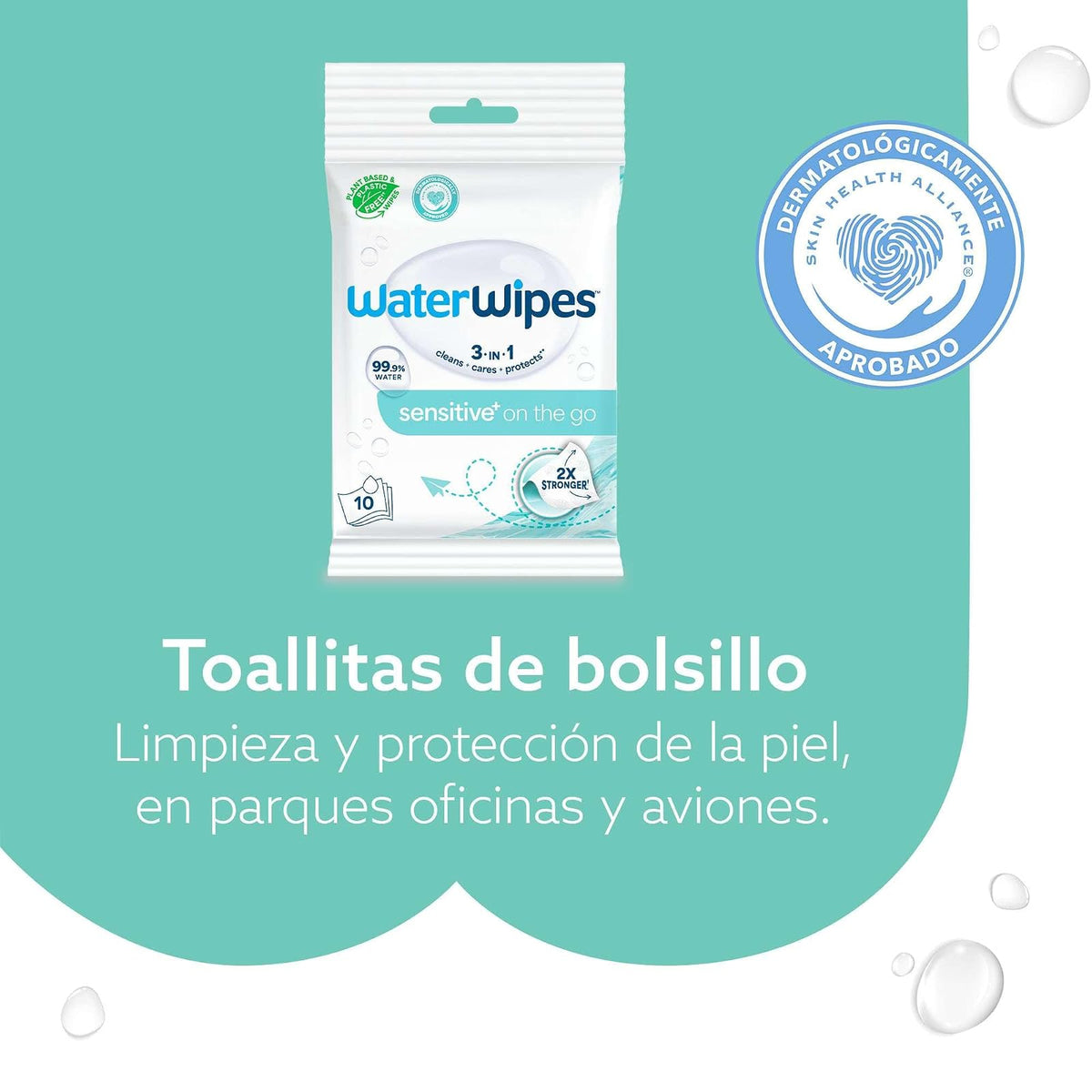 WATERWIPES, Toallitas Húmedas Sensitive+ On The Go, Limpieza 3 en 1, Hipoalergénicas, 10 Paquetes de 10 Piezas