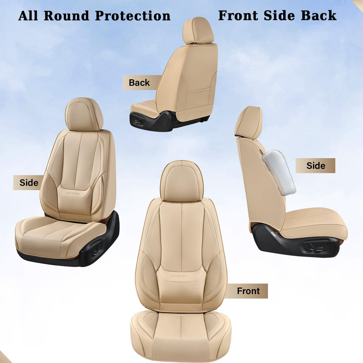 Coverado - Juego Completo de Fundas de Asiento de Automóvil, Impermeable, de Piel de napa para Asiento de Automóvil, Fundas de Asiento de Automóvil, Color Beige, Asientos Delanteros y Trasero, Ajuste Universal