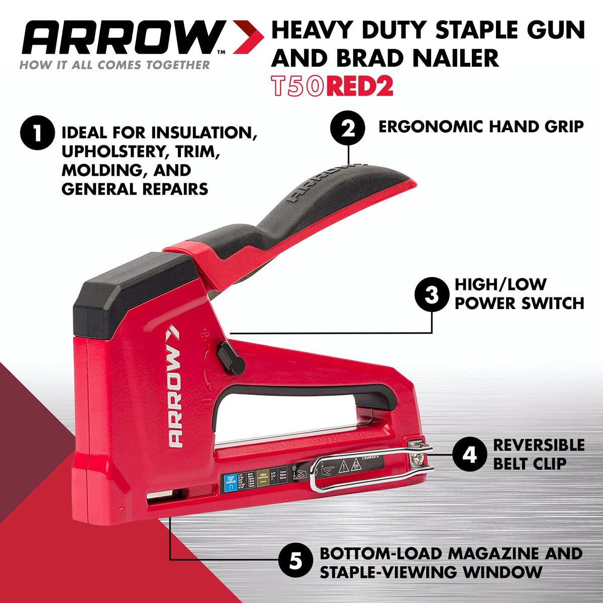 Arrow T50RED2 - Pistola de grapas manual de alta resistencia 2 en 1 y clavadora para tapicería, enmarcado, aislamiento, manualidades y muebles, rojo