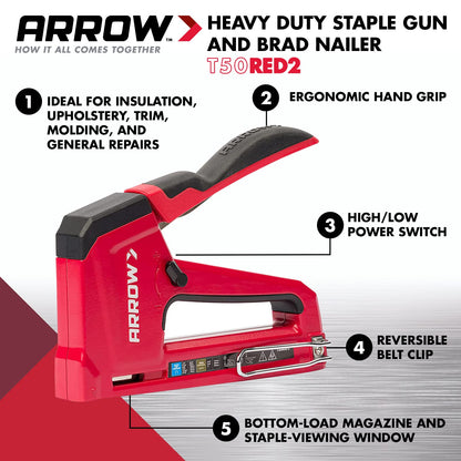 Arrow T50RED2 - Pistola de grapas manual de alta resistencia 2 en 1 y clavadora para tapicería, enmarcado, aislamiento, manualidades y muebles, rojo