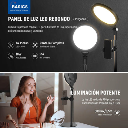 NEEWER BÁSICO Paquete de 2 7" Aro Luz Escritorio para Grabación, 10W Regulable Key Light Pantalla Completa con Soporte & Soporte Teléfono, Ideal para iPhone Laptop Vlog Streaming Videoconferencia,R06