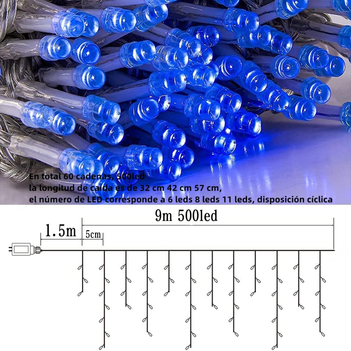 Luces Navideñas Cascada de Luces led -POWEROAK Luces de Navidad 9M 500LED IP44 Serie de Cascada led con 8 Modos de Iluminación Luz cascada Navidad Decorativas. (9M 500LED, Azul)
