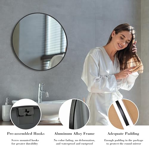 Sweetcrispy Espejo de Pared Redondo de 24 Pulgadas con Vidrio Templado, Espejo de baño sobre Fregadero, Espejo Redondo antivaho e Impermeable para baño, Entrada, recámara, diseño inastillable, Negro
