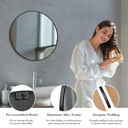 Sweetcrispy Espejo de Pared Redondo de 24 Pulgadas con Vidrio Templado, Espejo de baño sobre Fregadero, Espejo Redondo antivaho e Impermeable para baño, Entrada, recámara, diseño inastillable, Negro