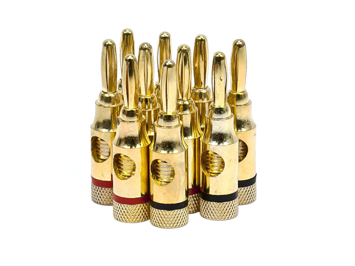 Monoprice 24k Gold Plated Speaker Banana Plugs, Open Screw Type (5 Pairs) | Diseño de tornillo abierto para cables, cine en casa y placas de pared