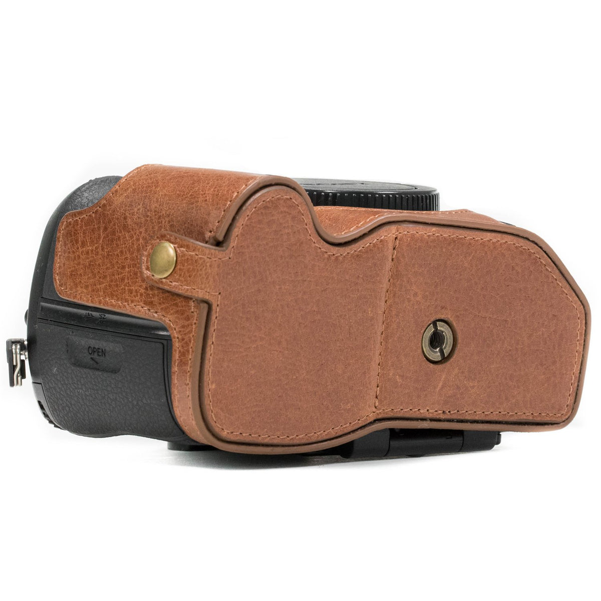 MegaGear MG1084 Estuche Ever Ready, Media Funda, Estuche de Base, Funda de Cuero, de Pronto Uso, con Correa Compatible con Sony Alpha A99 II - Marron Oscuro