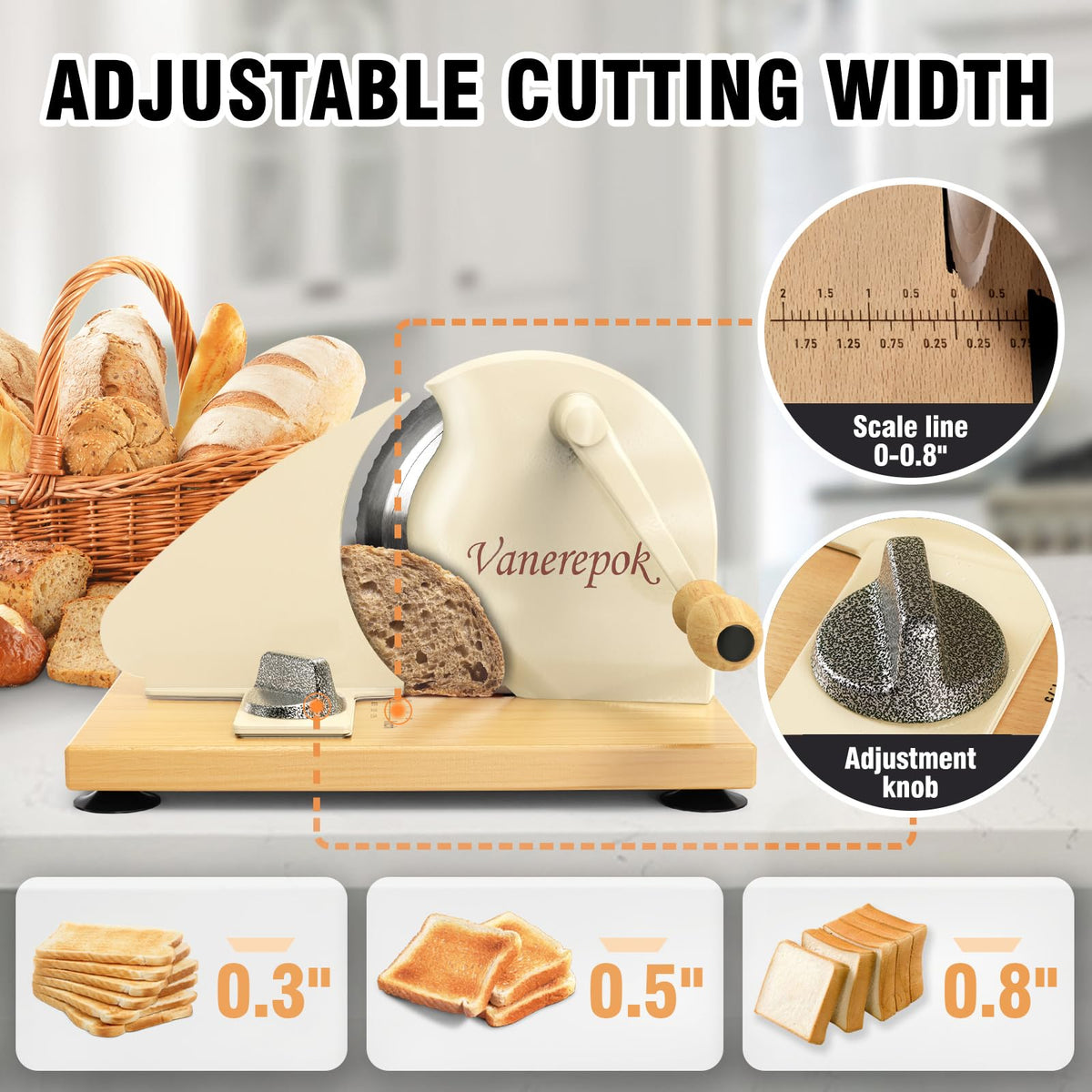 vanerepok Manual Bread Slicer for Homemade Sourdough Bread Slicer de pan de manivela para pan crusty Etc Acero inoxidable Ancho ajustable para uso doméstico y comercial