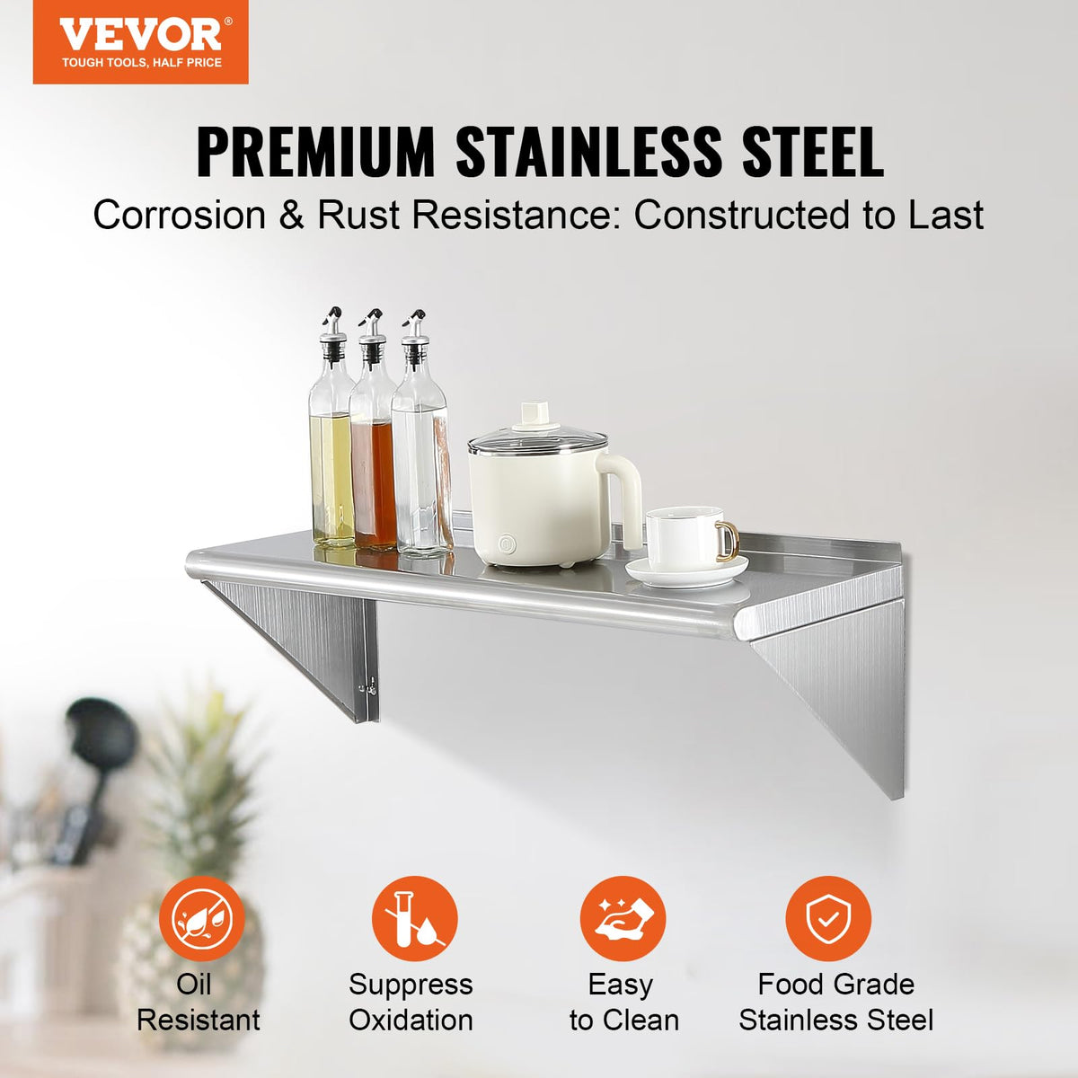 VEVOR Estante de Pared de Acero Inoxidable 915x305x63 mm Estante Flotante con Soporte Triangular Carga Máxima de 113 kg Estantería de Pared para Libros Portarretratos Plantas Oficina Baño Cocina