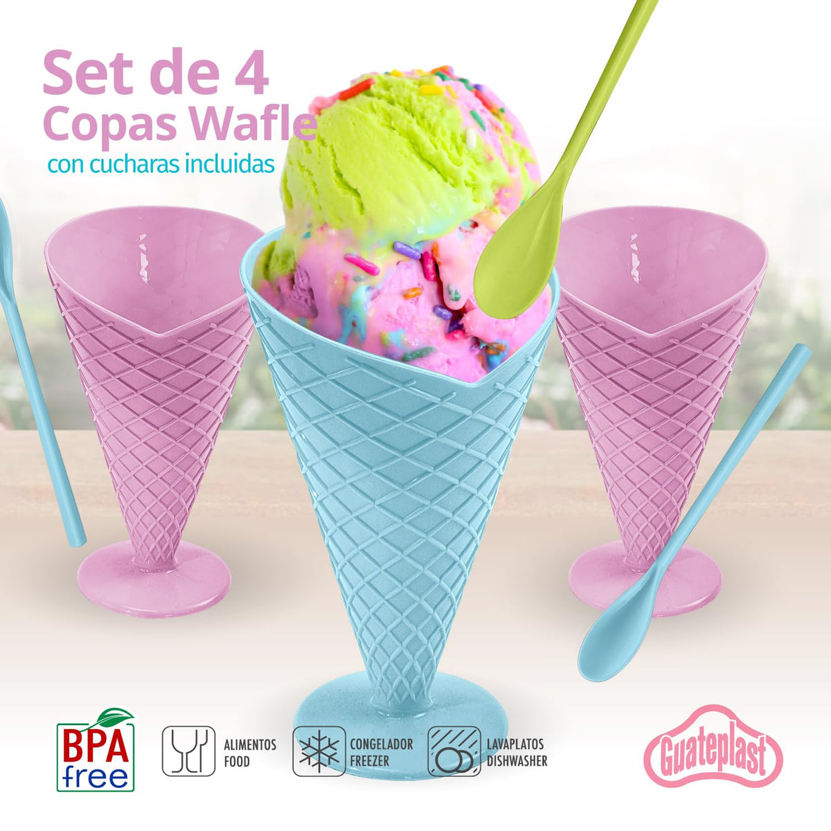 Guateplast Set de 4 Copas para Helado Tipo Waffle con Cuchara | Recipientes para Postres y Fiestas | Vasos para Niños | Cuencos para Helado