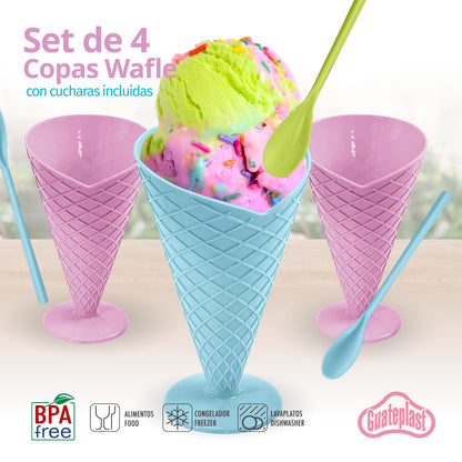 Guateplast Set de 4 Copas para Helado Tipo Waffle con Cuchara | Recipientes para Postres y Fiestas | Vasos para Niños | Cuencos para Helado