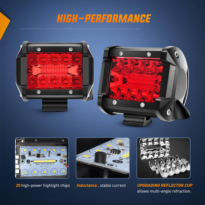 Nilight Luces LED Rojas 4 in, Triple Fila, 60 W, Haz de Inundacion, Paquete de 2 18202R