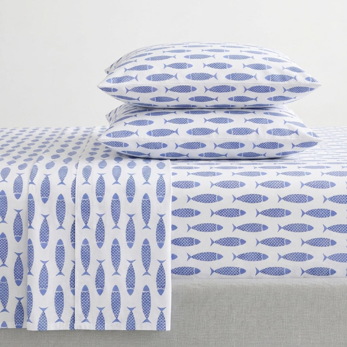 Nautica Woodblock Fish Sheet Set, Twin Blue