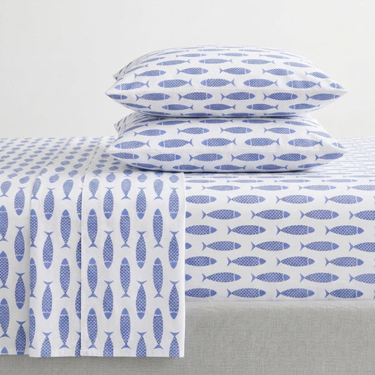 Nautica Woodblock Fish Sheet Set, Twin Blue
