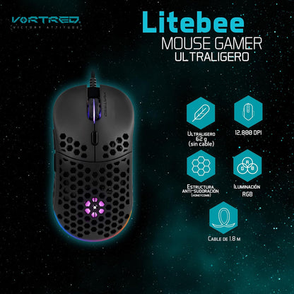 PERFECTCHOICE Mouse Gamer Ultraligero Anti-sudoración 12800 dpi Litebee VORTRED