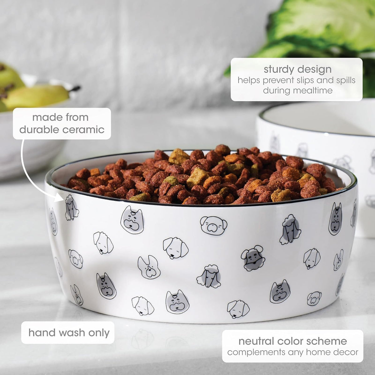Pearhead Dog Faces - Cuenco para Mascotas, Plato de Agua y Comida para Perros, Accesorio para Perros dueños de Mascotas, cerámica, Gris y Blanco, Grande