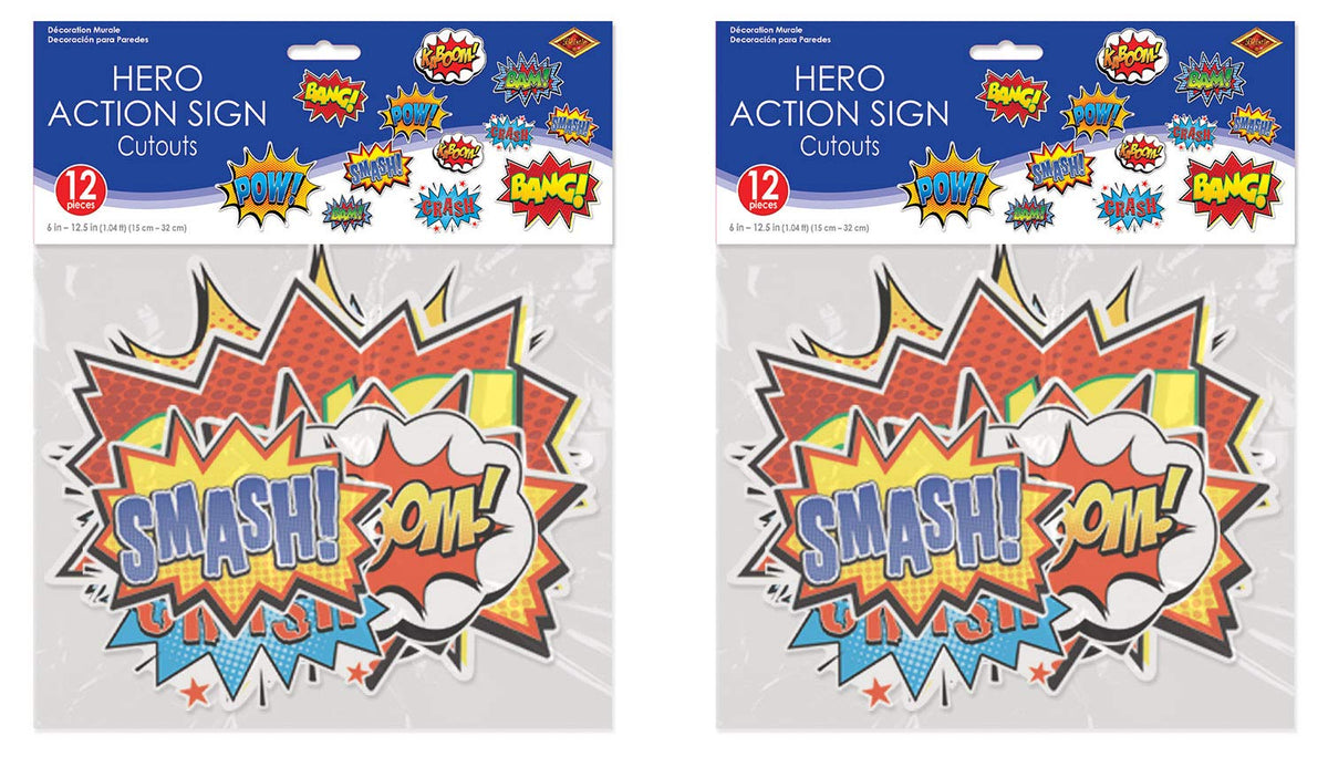 Beistle Hero Action Sign Cut Outs 24 Piece Comic Decorations Birthday Party Supplies 6” – 12.5”, Multicolored