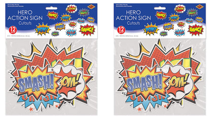 Beistle Hero Action Sign Cut Outs 24 Piece Comic Decorations Birthday Party Supplies 6” – 12.5”, Multicolored