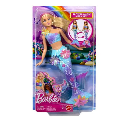 Barbie Fantasía Muñeca Sirena con Transformación de Flores y Cabello Rosa, Juguete para Niñas de 3 Años en Adelante