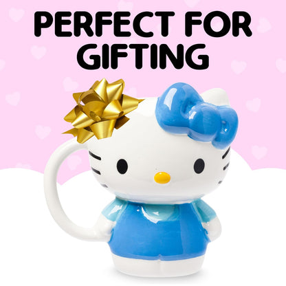 Silver Buffalo Sanrio Hello Kitty - Taza esculpida de cerámica 3D con vestido azul, 20 onzas