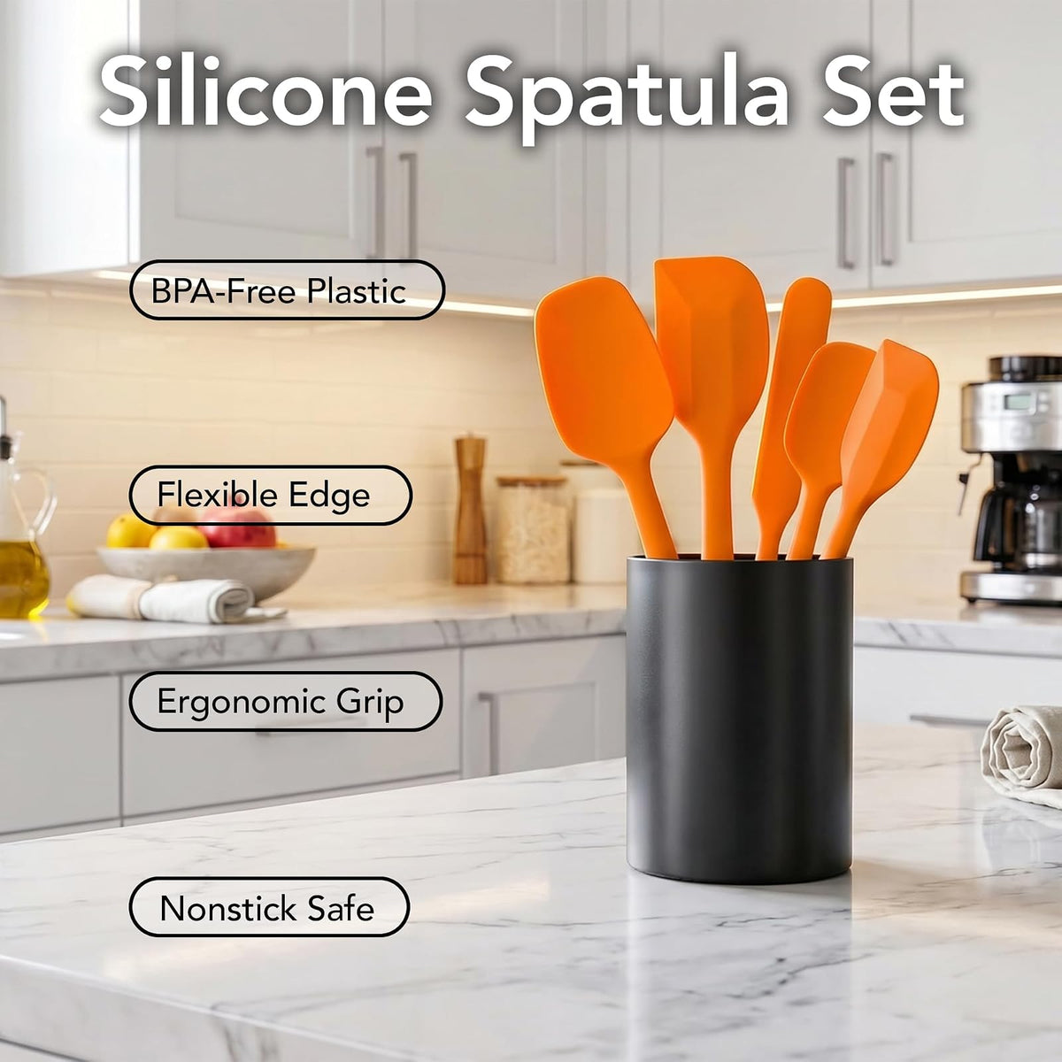 OVENTE Juego de utensilios de cocina de silicona – Espátulas de goma de grado alimenticio de silicona resistente al calor con núcleo de acero inoxidable y diseño sin costuras, espátula de goma antiad