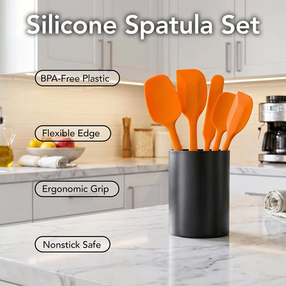 OVENTE Juego de utensilios de cocina de silicona – Espátulas de goma de grado alimenticio de silicona resistente al calor con núcleo de acero inoxidable y diseño sin costuras, espátula de goma antiad