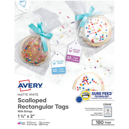 Avery - Etiquetas imprimibles festoneadas, tecnología Sure Feed, 2 x 1.25 pulgadas, blanco, incluye cuerda, imprimible con láser/inyección de tinta, 180 en total, ideal para marca, regalos