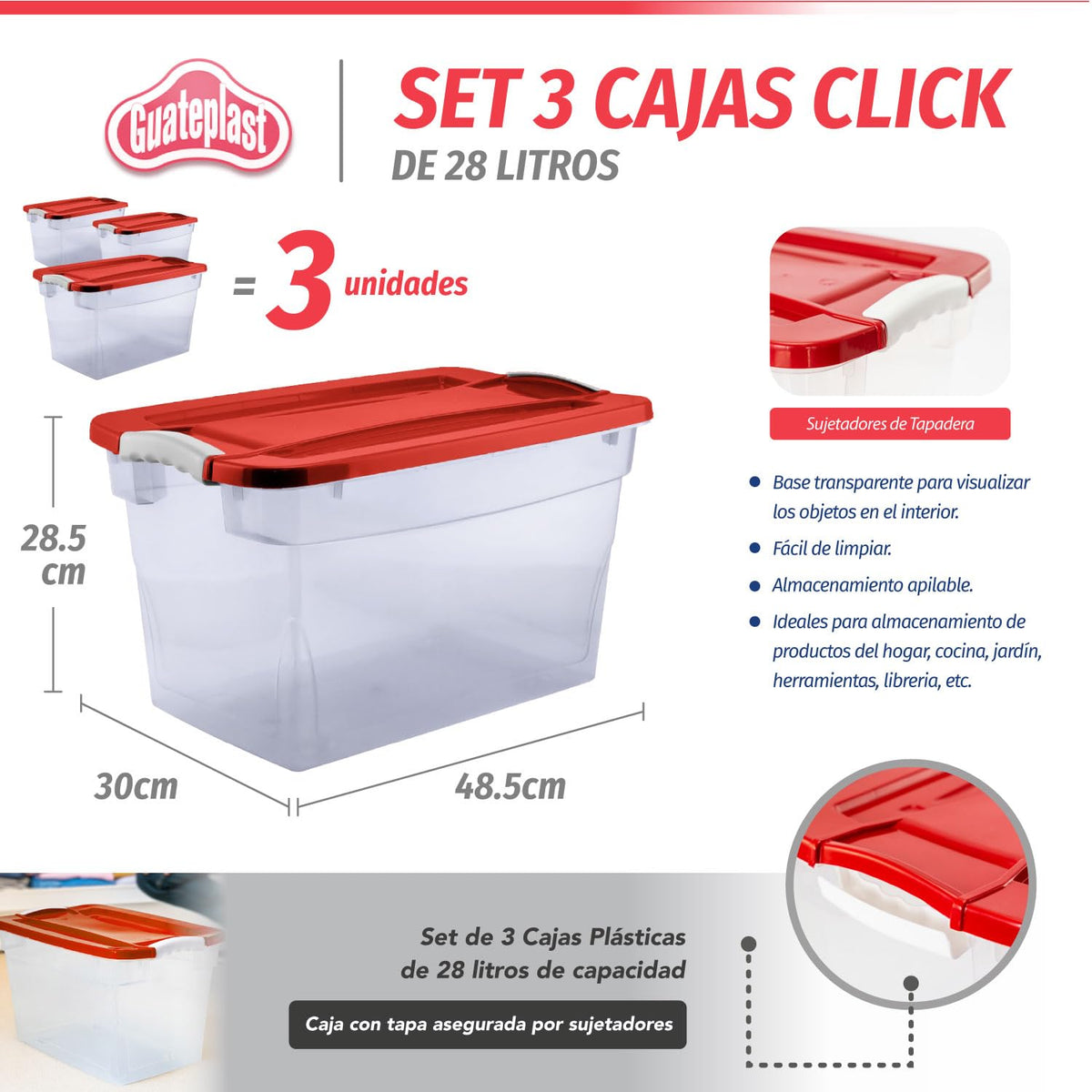 Set de 3 Cajas de Almacenamiento 28 L con Cierre Click Color Rojo
