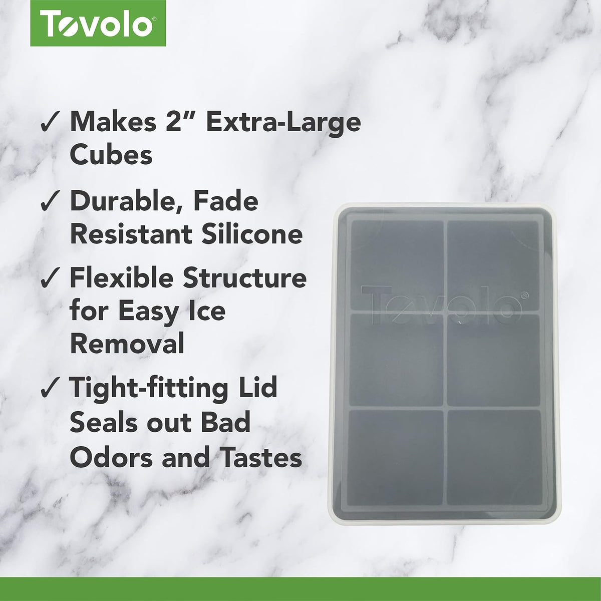 Tovolo King, whisky y licores XL de 2 pulgadas, silicona sin BPA, cubeta de hielo seguro para lavaplatos, bandeja individual con tapa, carbón