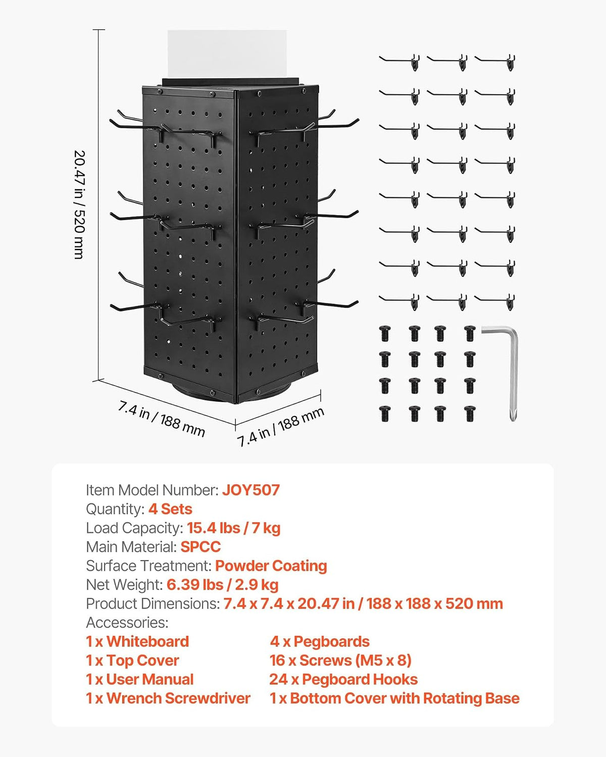 VEVOR Expositor Giratorio de Tablero Perforado de 188 x 188 x 520 mm con 24 Ganchos, 4 Lados de Acero Laminado en Frío Grueso, Organizador para Manualidades para Supermercados, Joyerías, Negro