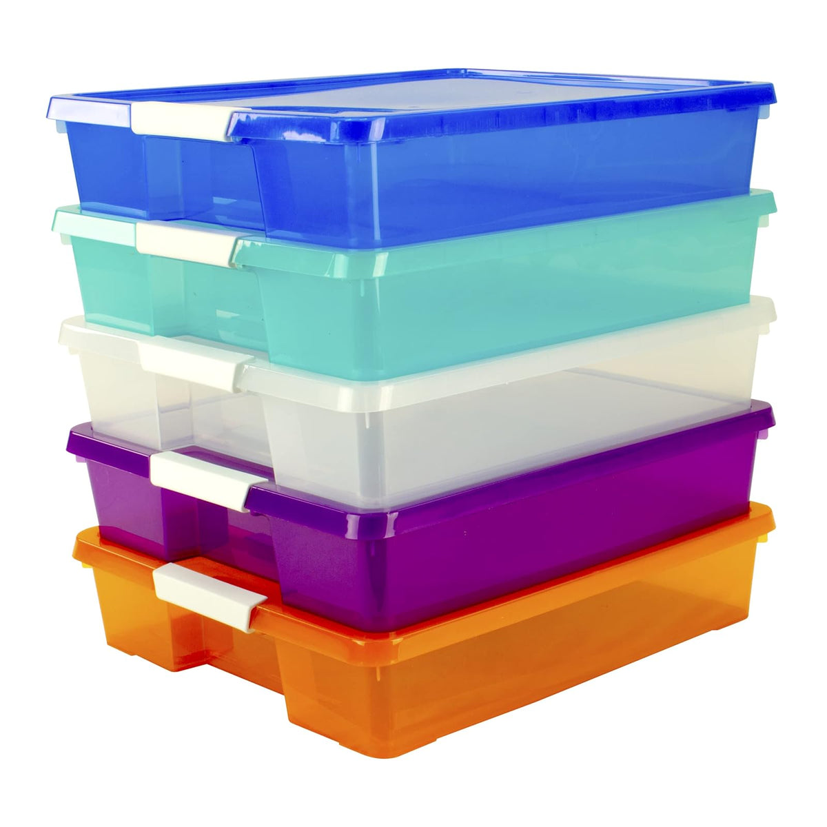 Storex Classroom Craft Project Box – Organizador de plástico apilable para papel de álbum de recortes de 12 x 12 pulgadas, varios colores de vapor, paquete de 5 (63202C05C)