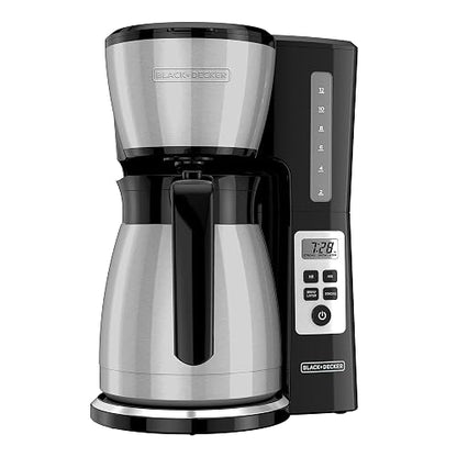 BLACK+DECKER - Cafetera térmica programable de 12 tazas con fuerza de infusión y tecnología VORTEX, color negro y acero