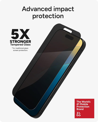 ZAGG Glass Elite - Protector de visualización de privacidad para iPhone 16 Pro, filtro de privacidad de 2 vías, vidrio templado ultrarresistente, 5 veces más fuerte, sin manchas, fácil instalación
