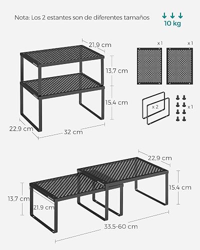 SONGMICS Especiero, Estante para Especias, Organizador para Armarios, Apilable, Ampliable, Juego de 2 Estantes Metálicos, Negro Tinta MKCS001B01